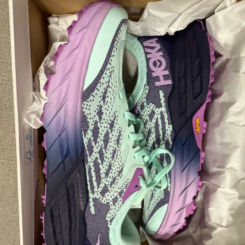 Hoka Purple and Green Athletic Shoes with Chunky Sole